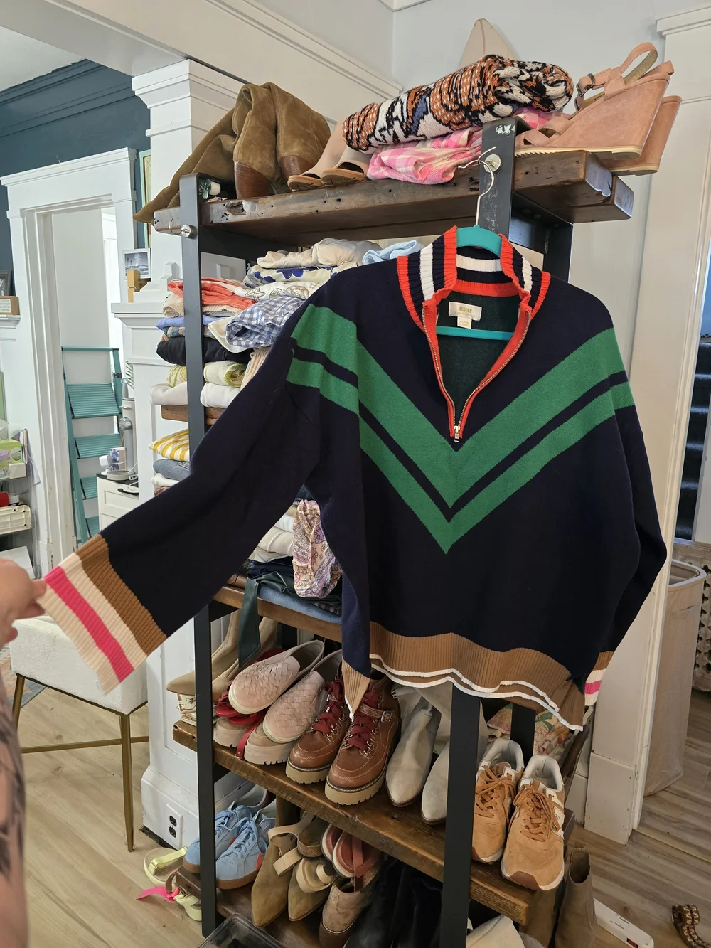 Anthropologie Navy Zip-Up Sweater with Green Chevron - Picture 2 of 4